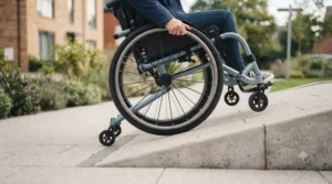 Diagram demonstrating how anti-tip bars stop a wheelchair from tipping backwards on an incline.