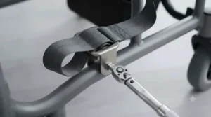 Step-by-step installation of a secure wheelchair seatbelt fitted securely around a mobility chair frame.