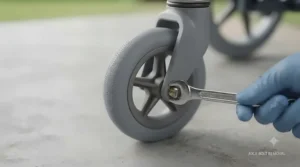 Close-up of a wrench loosening the axle bolt to remove a wheelchair castor wheel.