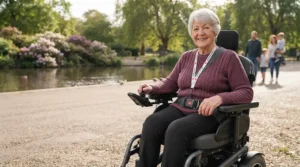 User demonstrating an independent quick-release bariatric wheelchair seatbelt for everyday outdoor mobility.