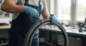 A technician using a tyre lever to carefully install a puncture-proof tyre onto a wheelchair rim, showing the snug fit required.