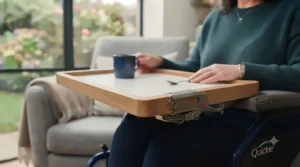 A reversible half tray for a wheelchair configured for left-handed use, showing adaptable placement options.