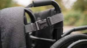 A side profile view showing the lightweight and ergonomic design of the wheelchair backpack bag.