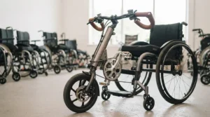 A grey, arm-powered manual handbike attachment with a silver chainring and pedals, fitted to a lightweight manual wheelchair in a workshop.