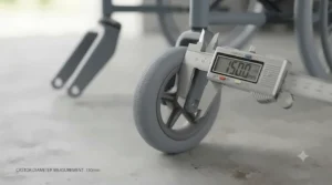 A measuring tape positioned across a castor wheel to show how to check diameter.