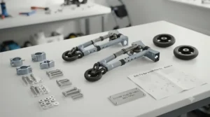 Replacement anti-tip wheels and mounting brackets laid out as mobility aid accessories.