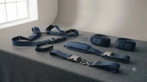 A neat arrangement of various dark blue nylon wheelchair restraint straps and harnesses laid out on a grey fabric surface, showcasing different buckle types.
