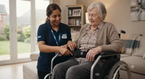 Correctly fitted wheelchair safety belt in a British care home environment, meeting standard seating guidelines.