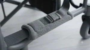 Close-up of comfortable, padded fabric on a bariatric wheelchair harness designed to prevent pressure sores.