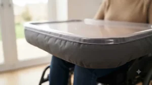 Soft beanbag padded underside of a wooden full lap tray wheelchair resting comfortably across a user's lap