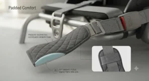 Padded quick-release wheelchair seatbelt designed to prevent chafing during extended daily use.