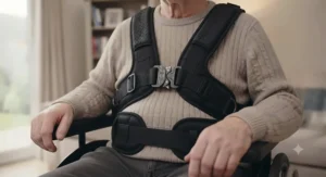 Soft, breathable padding on a wheelchair support strap to prevent chafing during prolonged daily use.