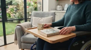 A lightweight half tray for a wheelchair holding a book and reading glasses, suitable for leisure and hobbies.