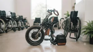 A compact, detached handbike attachment folded down next to a separate black travel bag and a manual wheelchair in a bright showroom.