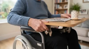 An elderly man sitting in his wheelchair at home, smiling as he positions his wooden lap tray to read the newspaper.