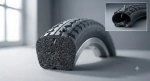 A cross-section view comparing the solid structure of a puncture-proof tyre to a standard pneumatic tyre, demonstrating superior durability against sharp objects.