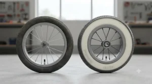 Comparison of a solid foam-filled wheelchair tyre next to a standard pneumatic tyre.