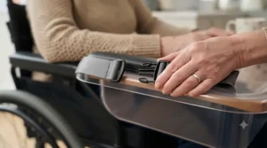 Carer unclipping a quick-release full lap tray wheelchair attachment for safe side transfer