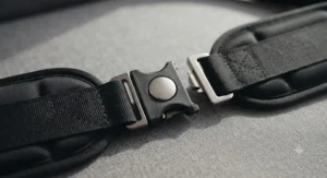 A quick-release buckle on a wheelchair lap belt designed for easy independent transfers and daily care.