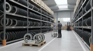 A selection of different sizes of foam-filled wheelchair tyres displayed in a warehouse.