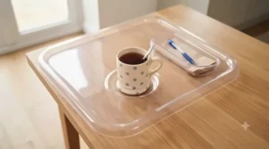 Top-down view of a plastic full lap tray wheelchair showing recessed drink holder and raised spill-resistant edges