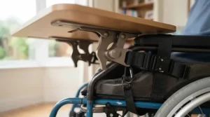 A sturdy wheelchair lap tray securely attached to the chair frame with an adjustable strap and durable metal buckle system.