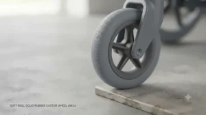 A solid rubber castor wheel designed for smooth indoor navigation.