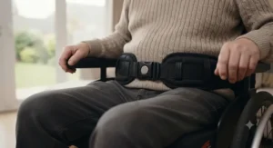 Close-up of a standard wheelchair lap belt secured across the pelvis for basic seated stability.