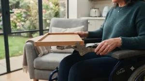 Demonstrating the swing-away function of a versatile half tray for a wheelchair, allowing safe and easy transfers.