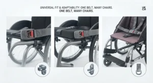 A universal quick-release wheelchair seatbelt shown mounted across various mobility aid designs.