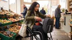 A graphic illustration showing the wheelchair backpack bag being fitted to different styles of mobility chairs.