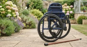 Exploded view showing the individual components of the wheelchair stick holder.