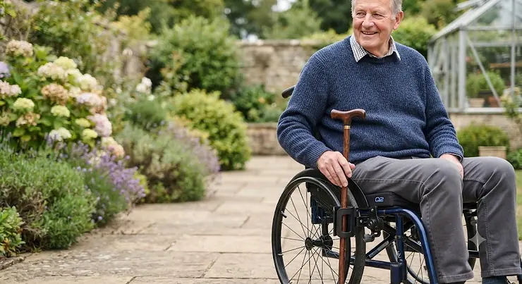 Elderly man sitting in a wheelchair with his walking stick secured in a holder. walking stick holder for wheelchair