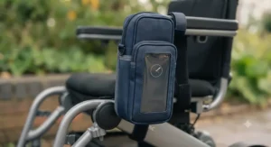 Close-up of a durable, water-resistant phone pouch mounted on a wheelchair frame.