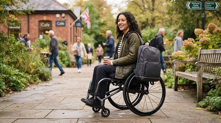 A close-up of the waterproof fabric on the wheelchair backpack bag, showing durability for British weather. wheelchair backpack bag