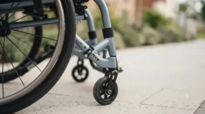 Close-up of a secure anti-tip bar mechanism mounted to the rear frame of a lightweight wheelchair.