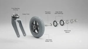 Exploded view diagram showing the fork, bearings, and castor wheel assembly.