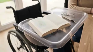 Senior man using a laptop resting on a clear full lap tray wheelchair surface at home in the UK