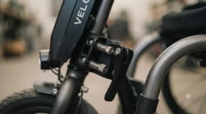 Close-up shot showing the secure metal quick-release locking mechanism of a handbike attachment connected to the frame of a manual wheelchair.