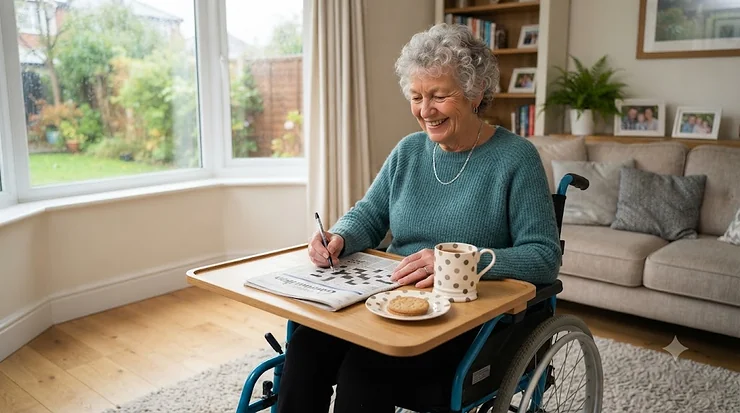 An elderly woman in a wheelchair using a wooden lap tray to complete a crossword puzzle while enjoying a cup of tea. wheelchair lap tray