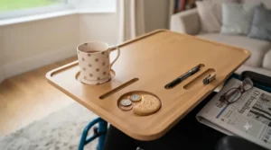 A wooden wheelchair lap tray surface featuring a moulded cup holder, a long slot for a pen, and a shallow indentation for small items.