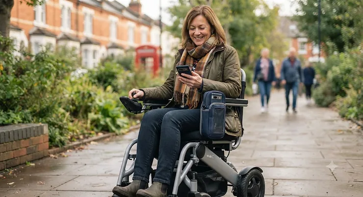 A person using a stylish, secure wheelchair phone holder pouch attached to their chair's armrest. wheelchair phone holder pouch