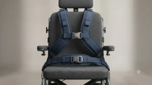 A detailed close-up of a comprehensive dark blue postural safety harness, including shoulder straps and a lap belt, secured onto a grey fabric wheelchair backrest.