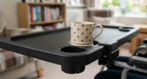 Close-up of the moulded cup holder on a wheelchair tray, designed to prevent spills, securely holding a polka-dot mug.