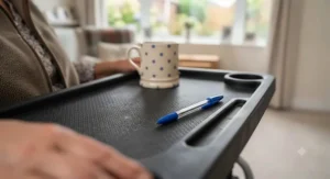 A wheelchair tray being used as a comfortable, stable work surface for reading and writing with a pen.