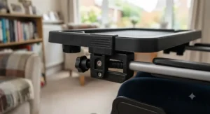A cheerful wheelchair user enjoying a meal on their stable, flat cup holder tray in a living room.