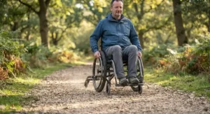 A carer adjusting the height settings of anti-tippers for outdoor wheelchair use to suit different ground conditions.