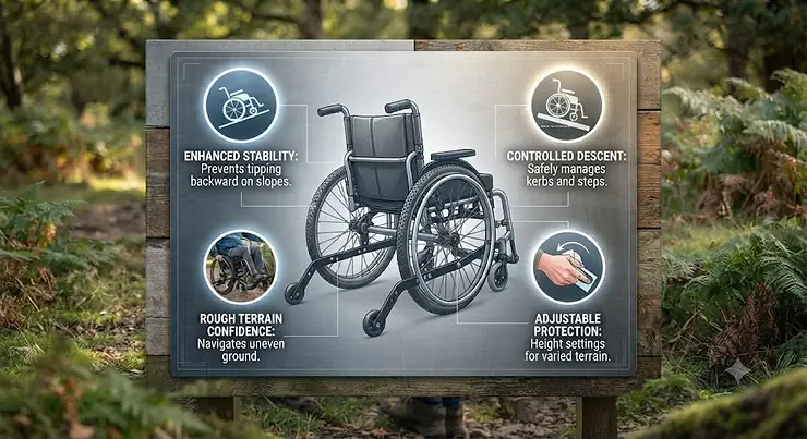 An overview illustration showing anti-tippers fitted to an outdoor wheelchair for stability on uneven terrain.