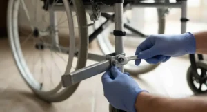 Close-up of a budget-friendly anti-tip bar being securely attached to a wheelchair frame.