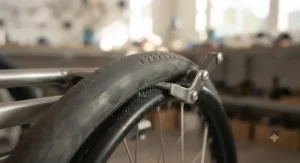 A worn wheelchair tyre causing brake slippage, highlighting the need for regular wheel lock maintenance.